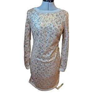 Eliza J‎ Mesh and sequin long sleeve Gold cocktail dress Sz. 6 Glitzy Evening